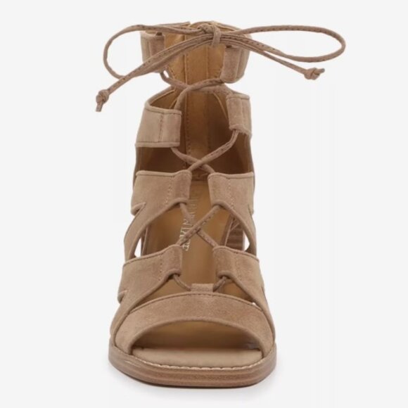 CROWN VINTAGE laceup strappy tan suede 3-1/2" heels, sz 10 - Picture 2 of 11